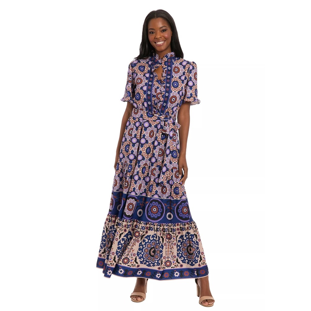MSRP $89 London Style Womens 8 Petite Beige/Blue Floral Print Midi Dress Short